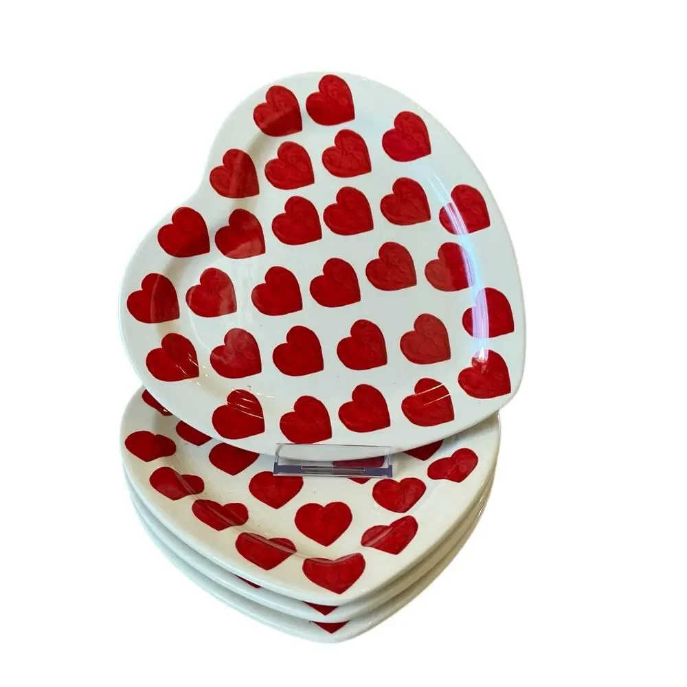 Maxcera Red Heart Valentine Plates 8in Ceramic Set of 4 White New